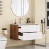 Gulches 32 in 1 Sink Wall-Mounted Vanity Walnut+White Bath Vanity with White Ceramic Top Double Soft-Close Drawers Handle-Free - 3 of 4