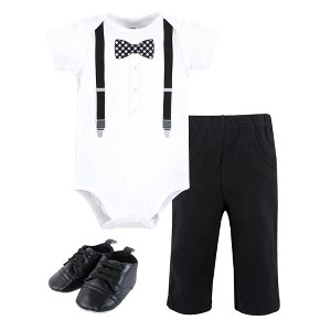 Hudson Baby Infant Boy Cotton Bodysuit, Pant and Shoe Set, Black Gingham Bow Tie - 1 of 4