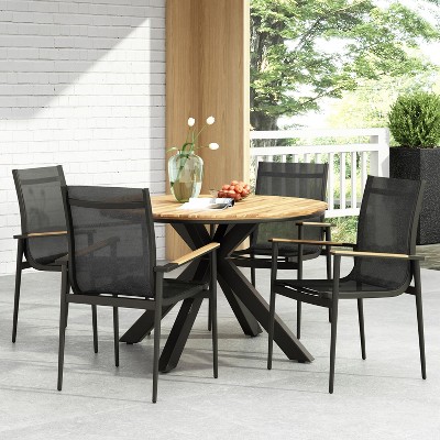 Christopher Knight Home Stetson Outdoor Mesh and Acacia Wood 5 Piece Dining Set, Black/Teak