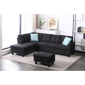 VYNXARIA 98" Wide Left-Hand Facing Sofa & Chaise with Ottoman, Charcoal Grey Linen, Foam Cushions for Ultimate Comfort - 1 of 4