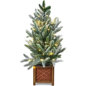 Gaomon 2 Ft Prelit Tabletop Mini Christmas Tree, Battery Operated Artificial Small Xmas Tree, Potted Snow Flocked Pine Tree - 1 of 4