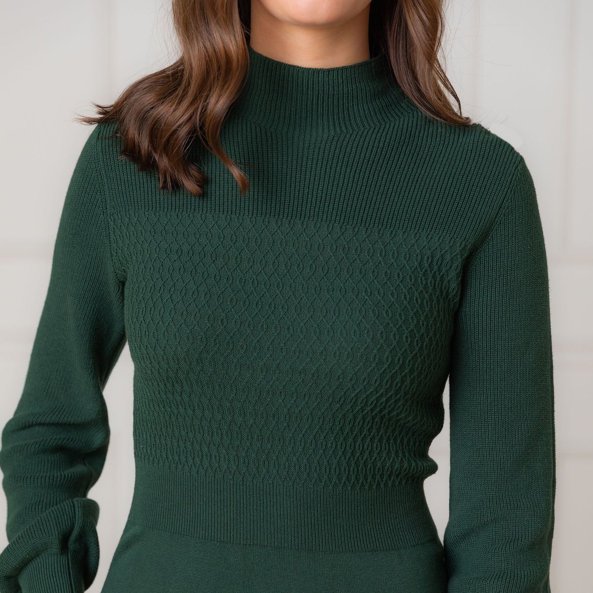 Hope & Henry Women's Organic Mock Neck Bodice Stitch Sweater Dress, Deep Green, 2 - thumbnail 3