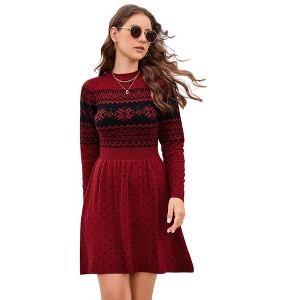 Women Long Sleeve Knitted Crewneck High Waist A-Line Cute Mini Sweater Dress Ugly Wine Red XXL - 1 of 4