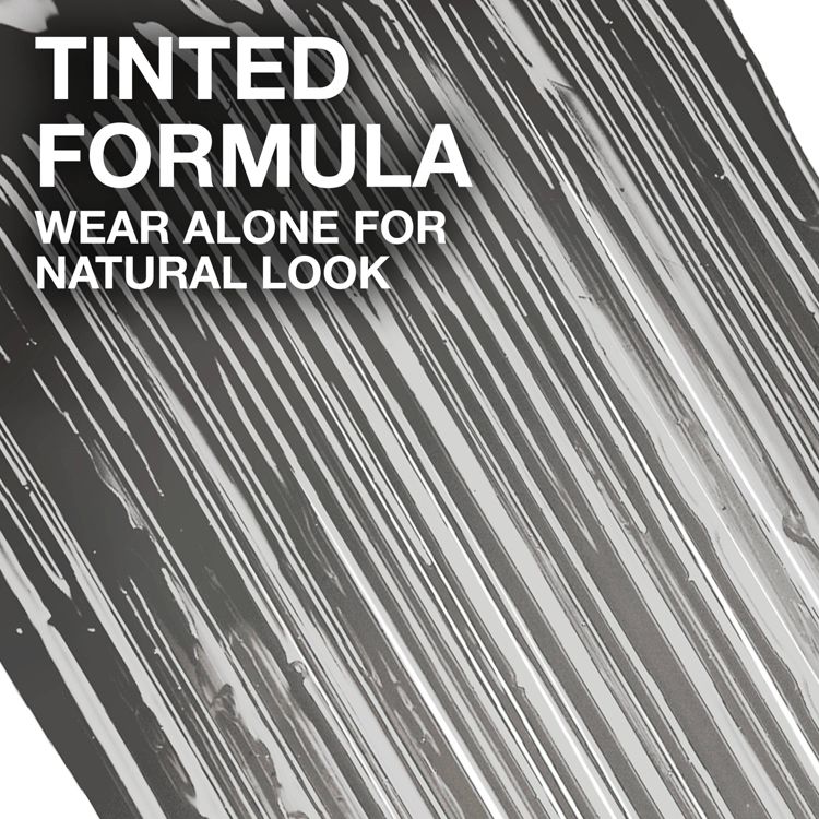 Text on a streaked background reads "Tinted Formula Wear Alone for Natural Look."