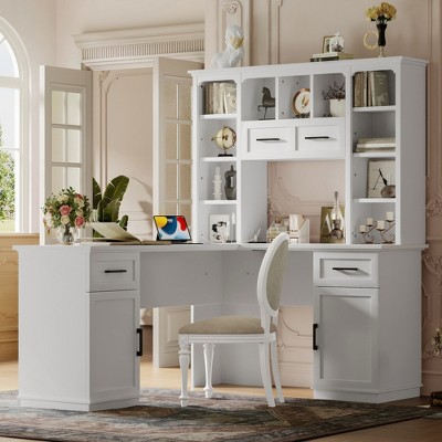 L Shaped Computer Desk with Power Outlets, 2 Drawers, 11 Open Shelves and Hutch, Corner Computer Desk, Home Office Workspace Study Writing Desk