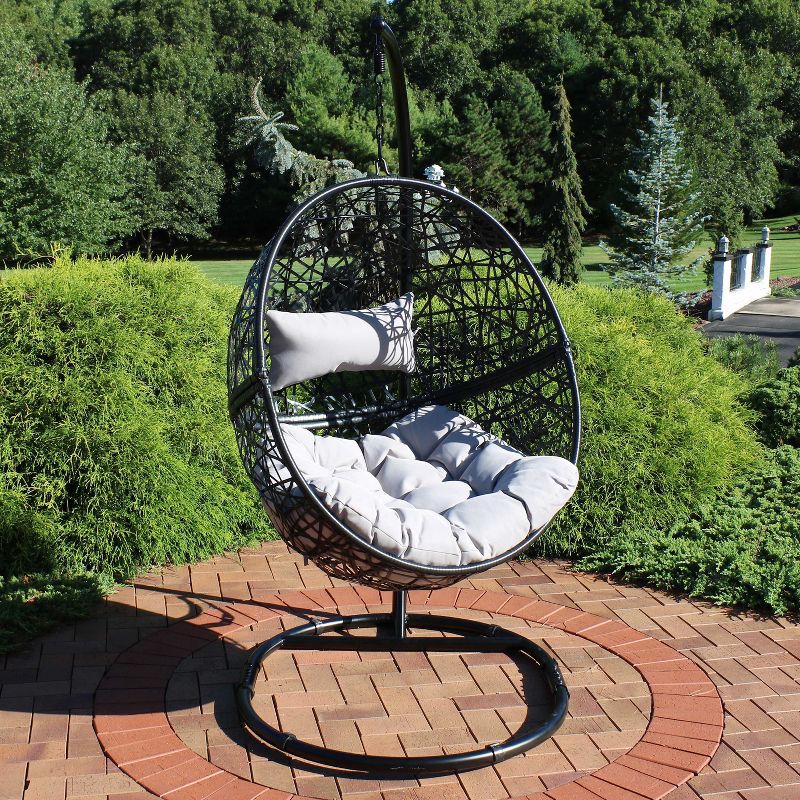 Sunnydaze Outdoor Resin Wicker Jackson Hanging Basket Egg Chair Swing with Cushions, Headrest, and Steel Stand Set - 3pc, 2 of 11