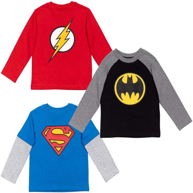 DC Comics Justice League Batman Superman The Flash 3 Pack Hangdown Long Sleeve T-Shirts Little Kid to Big Kid, 1 of 10