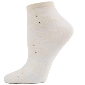 Memoi Floral Rhinestone Shortie Sheer See-Through Socks Winter White One Size - 1 of 2