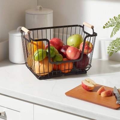 Metal Stackable Wire Pantry Basket with Rubber Wood Handle Black - Brightroom&#8482;