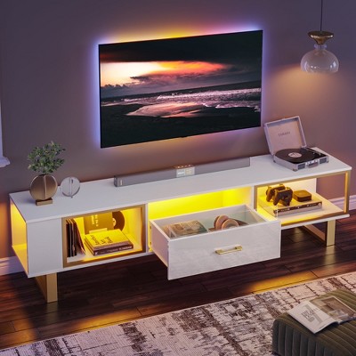 Bestier 70''TV Stand for 75''TV, Modern LED Entertainment Center with Open Storage & Drawer, High Gloss Media Console Table for Living Room