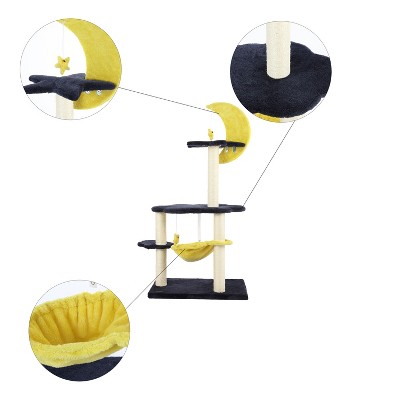 Aurora 49" 3-Tier Navy and Yellow Sisal Cat Tree with Moon and Stars