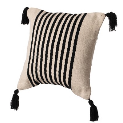 16" Handwoven Cotton Throw Pillow Cover with Striped Lines, Black
