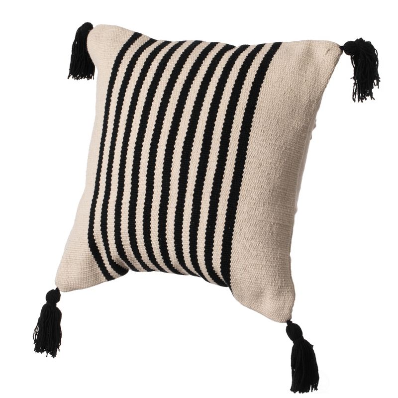 16" Handwoven Cotton Throw Pillow Cover with Insert, Striped Lines, Black, 1 of 9