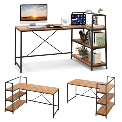 Tribesigns L Shaped Computer Desk with Reversible Storage Shelves,  Industrial Corner Desk Writing Study Table for Home Office Workstation,  White 