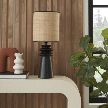 Nourison 22" Black Modern Tiered Ceramic Table Lamp with Straw Shade