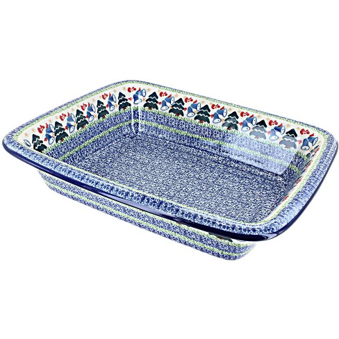 Blue Rose Polish Pottery Winter Bells Medium Rectangular Baker