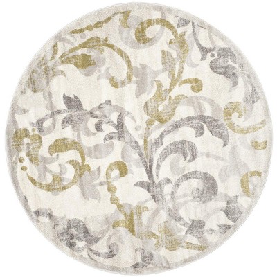 Ivory and Light Grey Round Baroque Print Area Rug