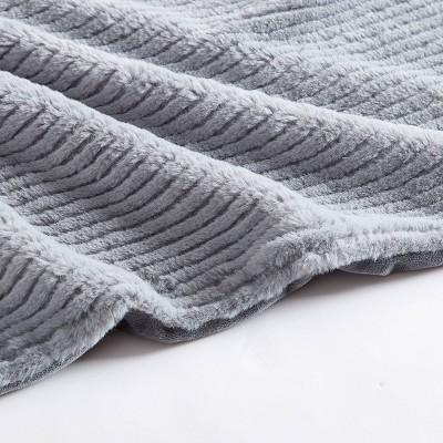 Gray Ribbed Reversible Fleece Sherpa Throw Blanket