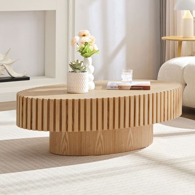 Modern Handcraft Drum Coffee Table,Solid Wood Relief Design Coffee Table,Living Room Oval Small Coffee Table,No Need Assembly-Coolbibila