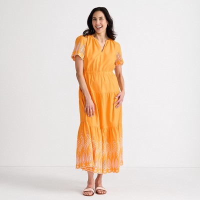 Lands' End Women's Tiered Cotton Poplin Embroidered Maxi Dress
