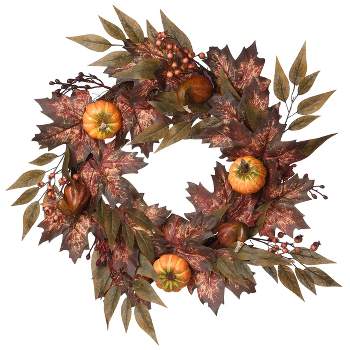 National Tree Company Artificial Autumn Wreath, Decorated with Pumpkins, Berry Clusters, Ivy, Maple Leaves, Autumn Collection, 24 in