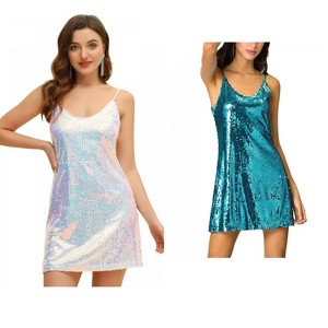 Allegra K Women's Glitter Sequin Spaghetti Strap V Neck Cocktail Sparkly Mini Dress 2 Packs - 1 of 4