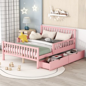 Twin Size Wood Platform Bed with Guardrails and Two Storage Drawers, Slatted Base, Classic Style for Kids-Maison Boucle - 1 of 4