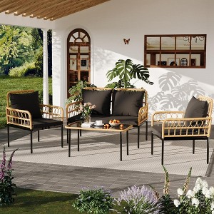 4 Piece Patio Conversation Sets, Wicker Outdoor Furniture Sets, 1 Loveseat & 2 Chairs & 1 Table, Beige - 1 of 4
