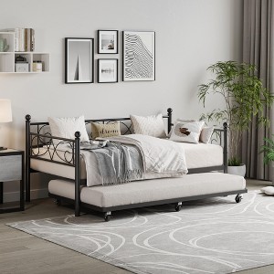 Daybed with Trundle Sofa Bed, Twin Size Metal Day Bed with Floral Headboard, Modern Metal Sofa Bed Frame with Pull-Out Trundle, Heavy Duty Steel Slats - 1 of 4