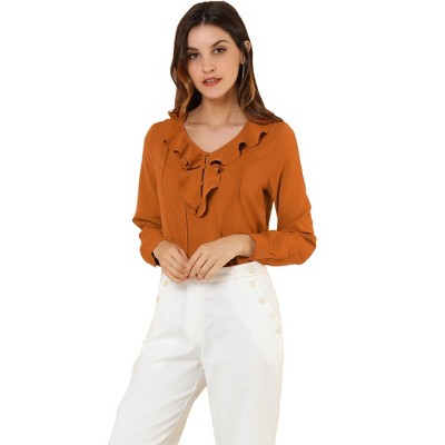 INSPIRE CHIC Women's Ruffle Neck Pleated Front Long Sleeve Blouse