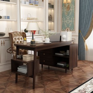 FUFU&GAGA Brown Adjustable L-Shaped  Office Desk with Storage Drawers - 1 of 4