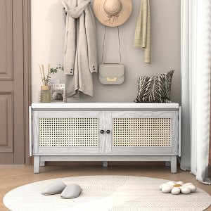 Boho Rattan Entryway Storage Bench, Cushioned Shoe Bench Wooden Shoe Organizer for Hallway/Living Room - ModernLuxe - 1 of 4