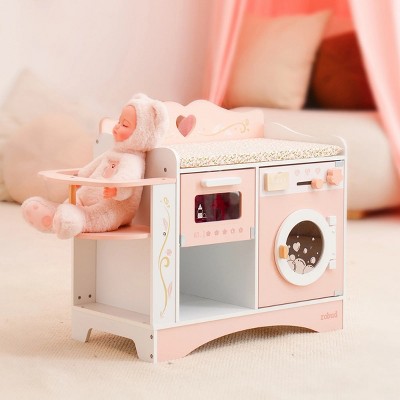 ROBOTIME Doll Furniture Wooden Baby Doll Changing Table with Baby Doll Crib, Laundry, Bottle Sterilizer, Pretend Play Toy, Pink, 12.3"*27.5"*20.4"