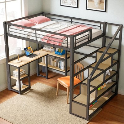 Full Size Metal Loft Bed with Built-in Desk, 3-Tier Shelf, and Storage Staircase, Space-Saving Workstation Frame