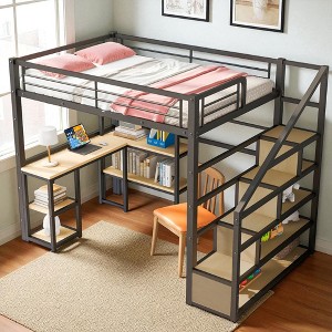 Full Size Metal Loft Bed with Built-in Desk, 3-Tier Shelf, and Storage Staircase, Space-Saving Workstation Frame - 1 of 4