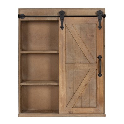 Rustic Brown Wood Wall Storage Cabinet with Vanity Mirror and Sliding Barn Door