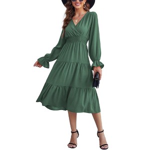 Women's Casual Wrap V Neck Midi Dress Long Sleeve Smocked Waist Tiered A Line Pleated Flowy Long Dress - 1 of 4