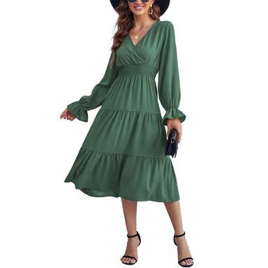 Women's Casual Wrap V Neck Midi Dress Long Sleeve Smocked Waist Tiered A  Line Pleated Flowy Long Dress Green Cyan M : Target