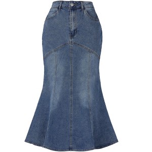 Allegra K Women's Fishtail Washed Midi Jean Bodycon Skirt - 1 of 4