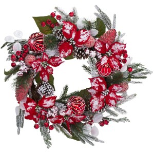 Faux 28" Red Poinsettas & Ornaments Snowy Wreath - FXP1032 - Red/Green - Safavieh - 1 of 4