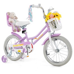 Costway 16" Kids Bicycle with Basket Doll Seat Colorful Streamers Training Wheels Purple - 1 of 4