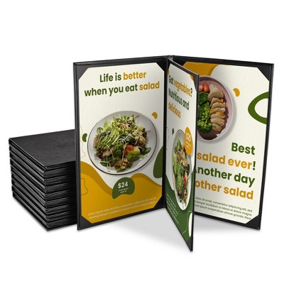 WeChef  8.5 x 14" Menu Covers 10 Packs 4 View Leather Book Style Black Faux Custom Logo Cafe Restaurant Bars