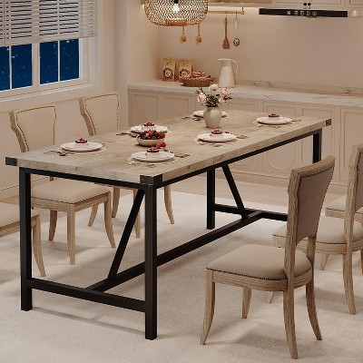 70.87 Inch Large Farmhouse Dining Table with Wood Grain Engineered Panels and Sturdy Black Metal Legs, Seats 6-8, Dual Use as Home Office Desk
