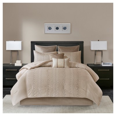 King Beige Faux Silk Embroidered Comforter Set