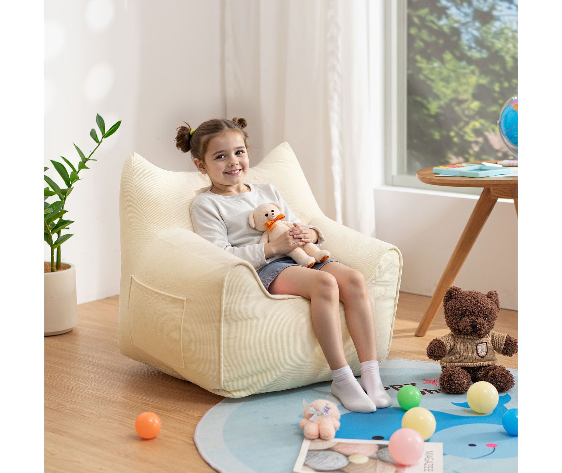 Hommpa Kids Cat Ears Soft Corduroy Fabric Bean Bag Chair with Memory Foam, Cozy Toddler Lounge Seat