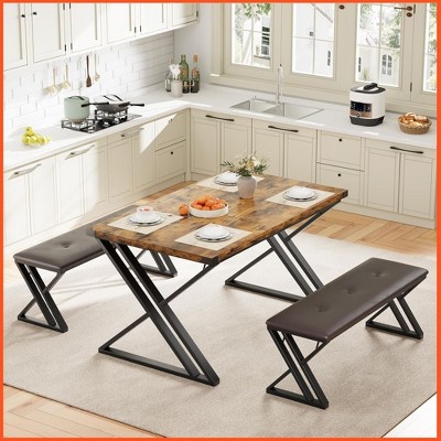 Kitchen Table Set with 2 Upholstered Benches, Z-Shaped Leg Kitchen Table Set for 4, 3 Piece Dining Table Set
