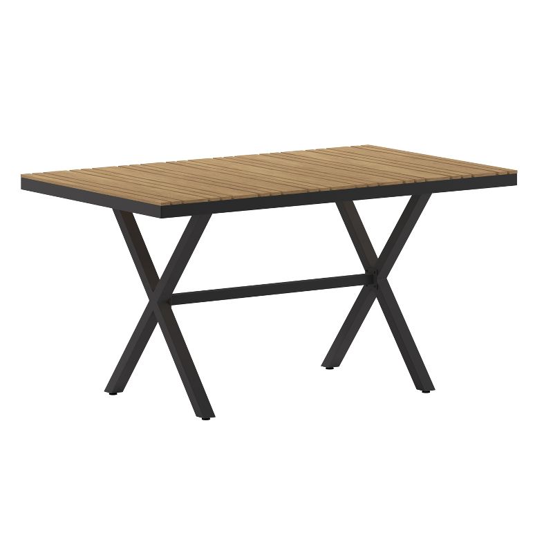 Emma and Oliver 59" x 35.5" Outdoor X-Frame Dining Table with Faux Teak Poly Slat Top and Metal Frame, 1 of 12