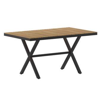 Emma and Oliver 59" x 35.5" Outdoor X-Frame Dining Table with Natural Faux Teak Poly Slat Top and Gray Metal Frame