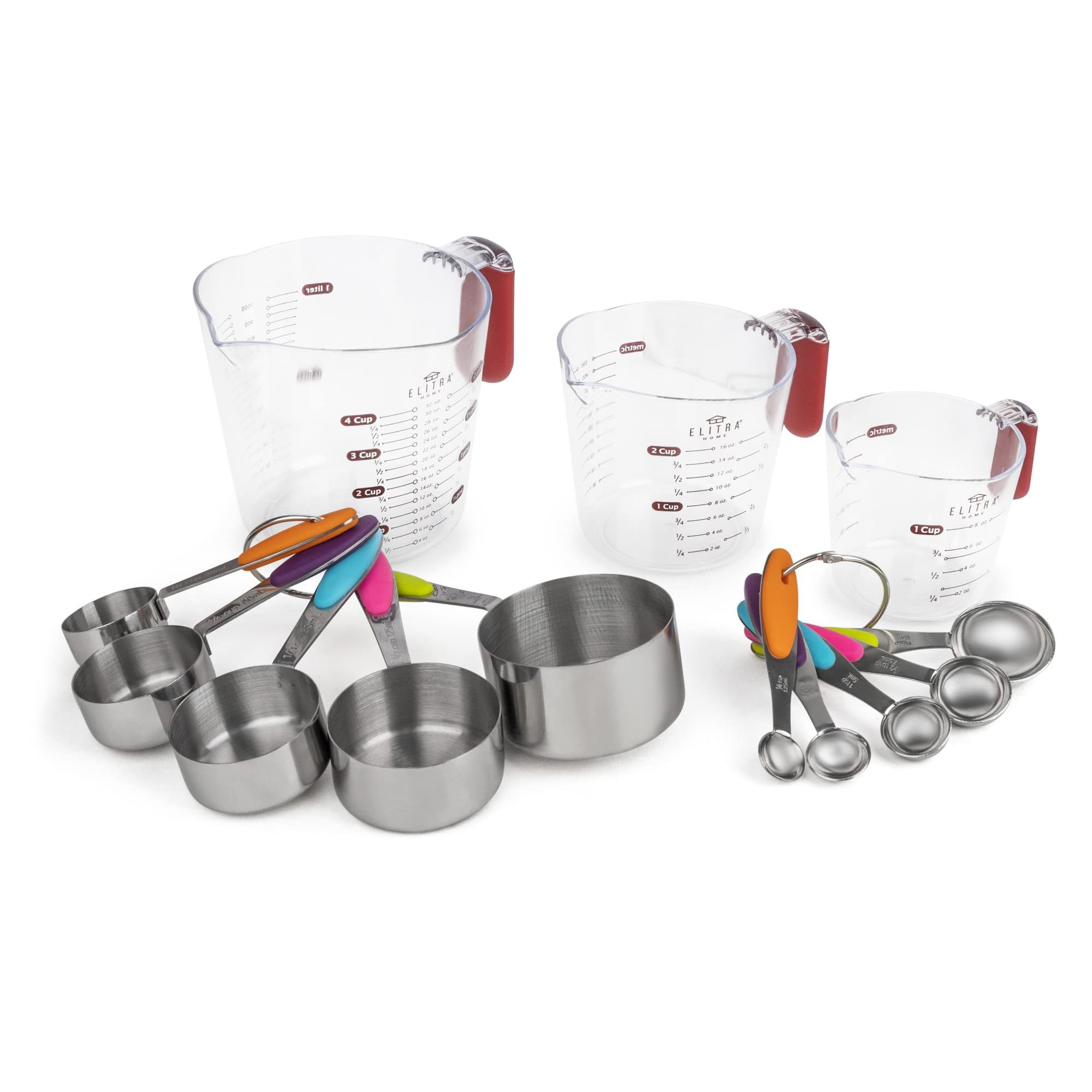 Elitra Home Complete Measuring Set, 13-Pack Stainless Steel Cups, Spoons, Plastic Measuring Pitchers with Spout - Engraved Measurements