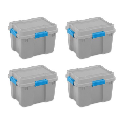 Sterilite 20 Gal Gasket Tote, Heavy Duty Stackable Storage Bin with  Latching Lid, Plastic Container to Organize Basement, Gray Base and Lid,  4-Pack